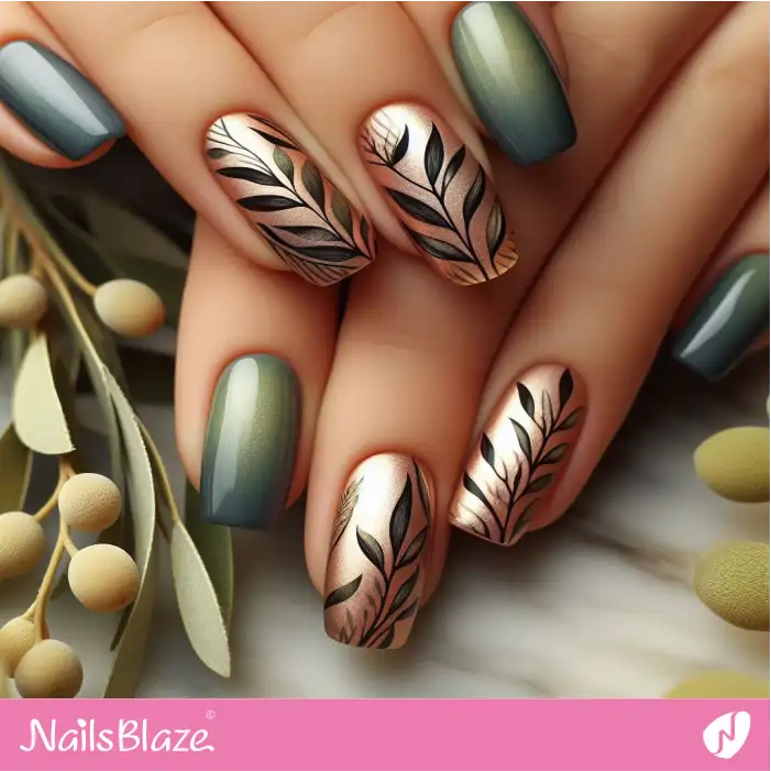 Green Ombre Nails with Olive Leaf Design | Nature-inspired Nails - NB1595